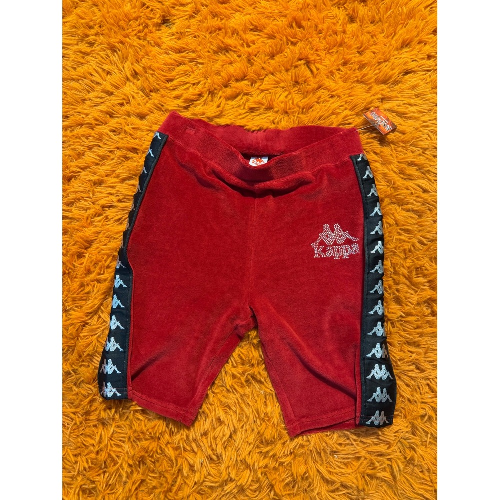 Kappa Red Velour Biker Shorts Rhinestone Logo Omini Tape XL New